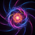 A complex fractal pattern featuring swirling neon colors on a dark background. The