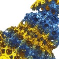 Complex fractal structure features interlocking geometric shapes in blue and yellow.