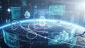 Futuristic digital interface displaying global data networks with flying drones and holographic city projections over Royalty Free Stock Photo