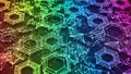 Geometric Network of Hexagons and Triangles with Rainbow Gradient abstract background Royalty Free Stock Photo