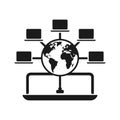 Complex Global Network Hub with Laptops Icon - Black Earth and Connected Devices on White Background Vector Royalty Free Stock Photo
