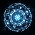 A complex, glowing geometric structure resembling a digital or atomic model set against a dark Royalty Free Stock Photo