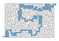 Complex grey maze with blue solution look like letter S. Labyrynth with way answer