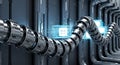 Futuristic metallic conduit system with glowing blue digital data streams flowing through its core Royalty Free Stock Photo