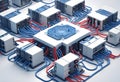 A complex, interconnected network of computer components and wires, with a central hub, rendered in a stylized, 3D Royalty Free Stock Photo