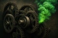Complex interlocking gears with smoke Royalty Free Stock Photo
