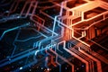 A complex, intricate digital circuitry pattern.