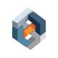 A complex isometric cube formed by interlocking gray, blue, and orange blocks. Royalty Free Stock Photo