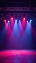 Complex lighting truss grid above empty stage, fixture, design
