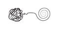 Complex lines knot simplified into simple spiral, complex problem solving icon, design concept, isolated vector