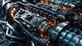 Complex machine engine parts. Close-up mechanical design Royalty Free Stock Photo