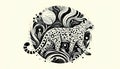 A complex mandala design features a leopard as