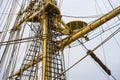 Complex mast rigging with crows nest and sail equipment.. Royalty Free Stock Photo