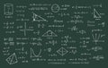 Complex math calculations with chalk green chalkboard illustration. Trigonometric formulas with algebraic computation