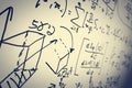 Complex math formulas on whiteboard. Mathematics and science with economics Royalty Free Stock Photo