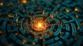 complex maze made of currency symbols with a bright light in the center