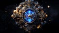 Time mechanism with blue glow and gears on black background. AI Generated