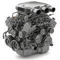 Complex metallic car engine with multiple cylinders and components. concept of engineering precision, automotive design Royalty Free Stock Photo