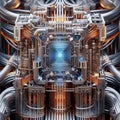 A complex metallic cube with intricate wiring and a glowing blue center