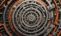 complex metallic structure with concentric circles and central hub, featuring mix orange and gray tones.
