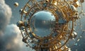 complex metallic structure with large circular lens, surrounded by smaller circular and spherical elements,