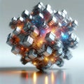 A complex, metallic structure made of interconnected cubes, resembling a futuristic machine or a technological network. Royalty Free Stock Photo