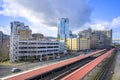 Complex modern multistory apartment buildings near the old train station in Portland Royalty Free Stock Photo