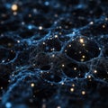 Abstract glowing network: blue and gold lights in complex molecular structure