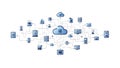 A complex network of cloud computing and data storage devices connected through various digital pathways Royalty Free Stock Photo