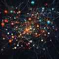 Complex network of colorful nodes and connections on dark background