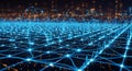 Complex network connections over cityscape at night with futuristic data visualization Royalty Free Stock Photo