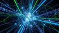 Complex Network of Glowing Blue and Green Light Lines Connecting Bright White Nodes in Dark Space Royalty Free Stock Photo