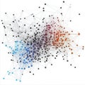 Complex network graph with color-coded nodes and interconnected lines on white background