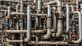 A complex network of industrial pipes made from stainless steel fills the image Royalty Free Stock Photo