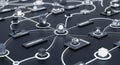 Interconnected network of abstract digital nodes and data processing blocks with glowing central sphere Royalty Free Stock Photo
