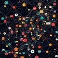 Complex network of interconnected data nodes on a black background