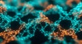 Abstract network of glowing turquoise and orange lines and nodes on a dark background creating a digital web structure Royalty Free Stock Photo