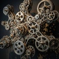 A complex network of interlocking gears, featuring various sizes and intricate patterns. The gears, Royalty Free Stock Photo