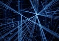 A complex network of intersecting blue lines on a dark background, Royalty Free Stock Photo