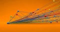 A complex network of multicolored lines and nodes on an orange background representing connections and relationships in a digital Royalty Free Stock Photo