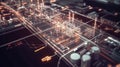Futuristic refinery plant connecting with digital lines and orange lights