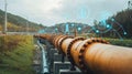 A complex network of pipelines and valves with digital meters indicating flow and pressure all monitored remotely Royalty Free Stock Photo