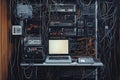 Complex Network Setup with Laptop Amidst Tangled Wires and Vintage Hardware Royalty Free Stock Photo