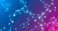 Complex network structure with interconnected nodes and lines in a vibrant blue and pink gradient background Royalty Free Stock Photo