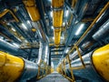 Industrial piping system with large yellow and silver pipes in a processing plant Royalty Free Stock Photo