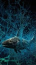 Futuristic Liquid Mercury Ocean with Neural Networks, Data Whales, and Floating Libraries Royalty Free Stock Photo