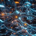Complex neural network visualized with blue and orange glowing nodes