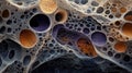 Complex organic cellular structure with vibrant hues and intricate textures in abstract biological framework