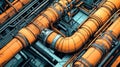 Detailed illustration of industrial pipes and equipment showcasing the aesthetics of technology in vibrant orange and blue hues