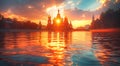 Complex of Russian churches with golden domes on the river at beautiful golden sunset time. Travel and culture concept